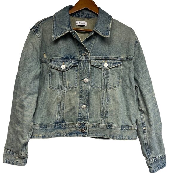 Zara Women's Denim Trucker‎ Jacket Size XXL Distressed Grunge - Picture 1 of 9